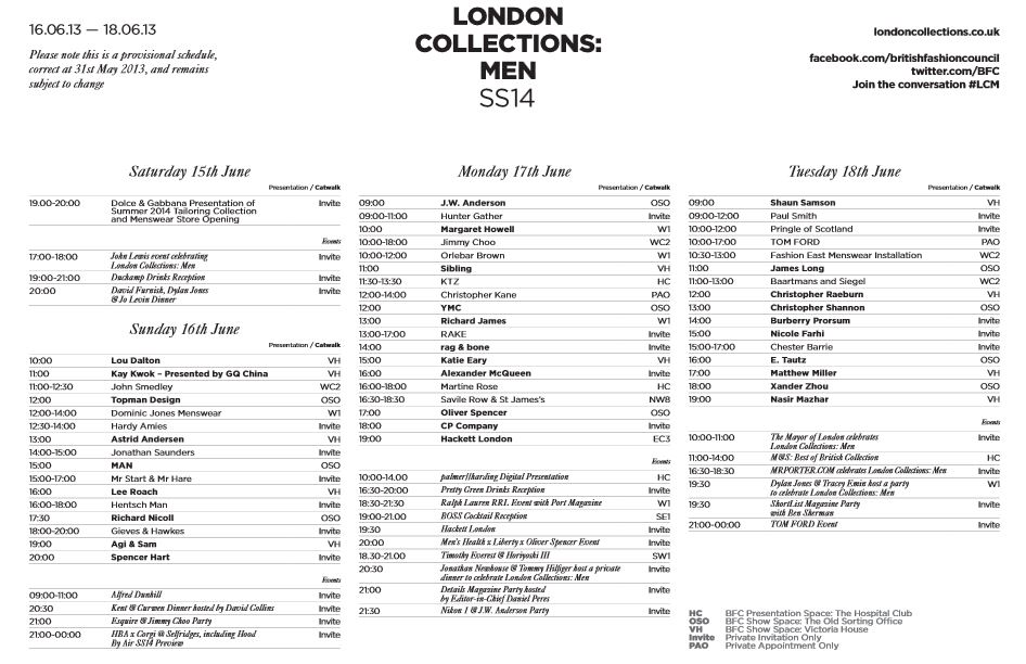 Schedule London Fashion Week Men / Spring/Summer 2014