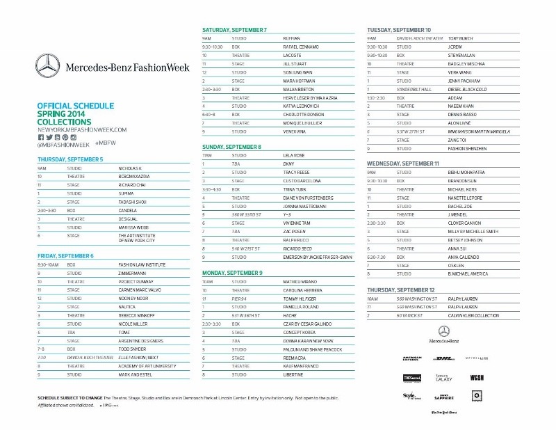 NYC Fashion Week Schedule Spring/Summer2014