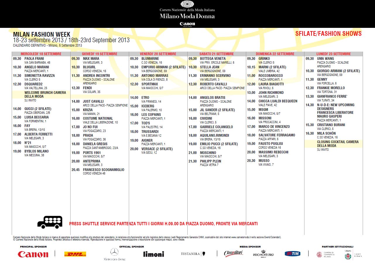 MILANO MODA DONNA 18/23 SEPTMBER 2013 - Schedule