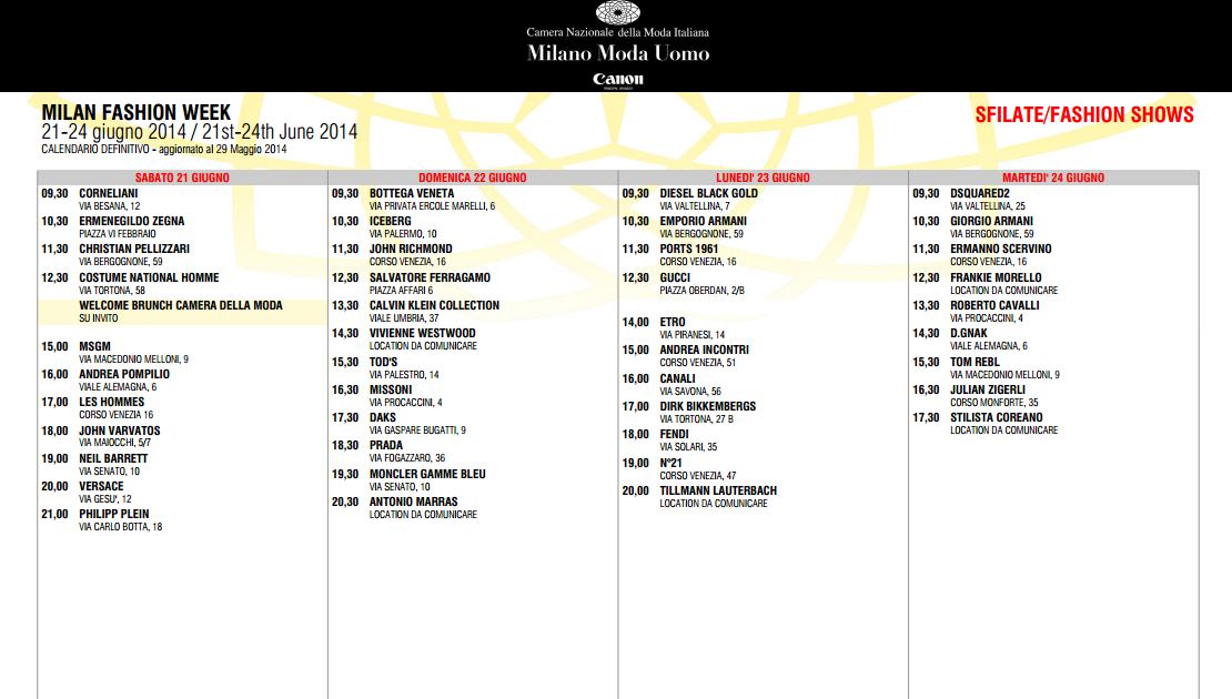 Milano Moda Uomo Spring/Summer 2015 – Schedule