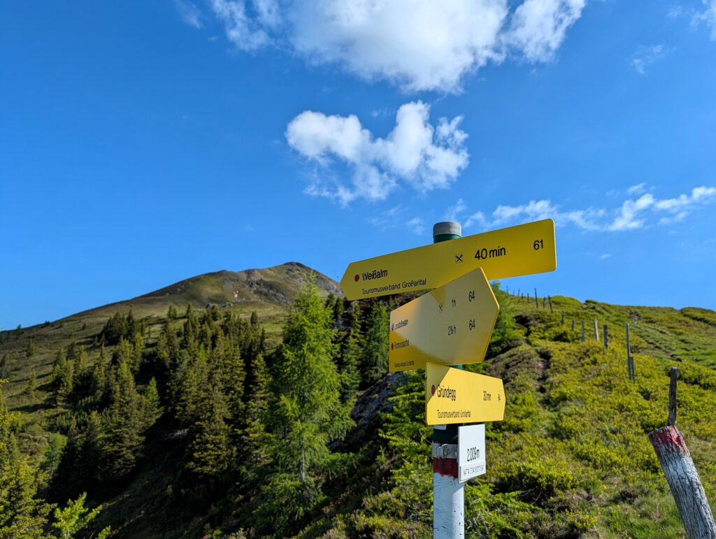 Wegweiser auf dem Weg zum Gründegg auf dem Salzburger Almenweg